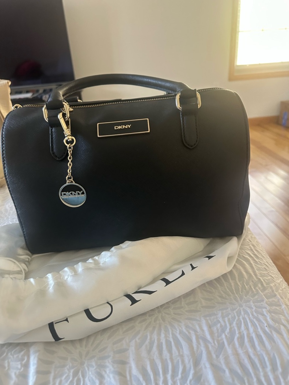 DKNY Black Saffiano Satchel with Gold-Tone Hardware